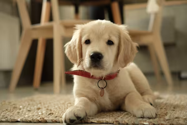 golden retriever filhote com coleira vermelha deitado no chão da sala