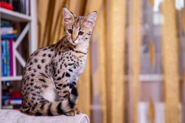 gato Savannah sentado em poltrona dentro de casa