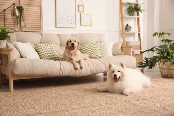 samoieda deitado no chão da sala com um labrador em cima de um sofá