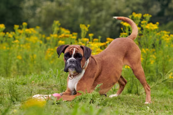 Cachorro Boxer brincando ao ar livre