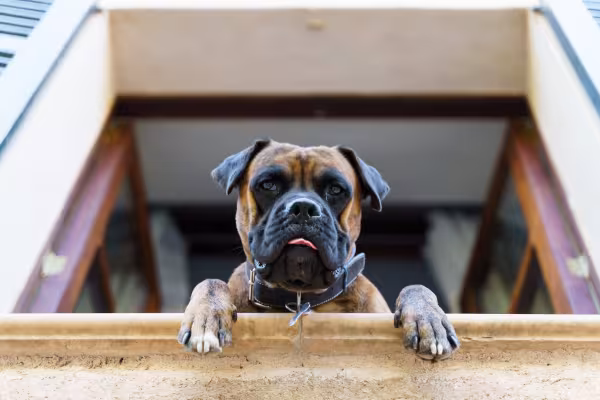 cachorro boxer olhando pela janela de casa