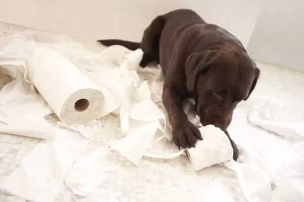 cachorro filhote destruindo rolo de papel higiênico