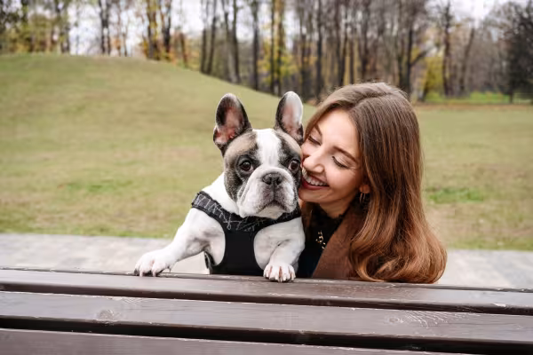 Bulldog Inglês ao lado de mulher