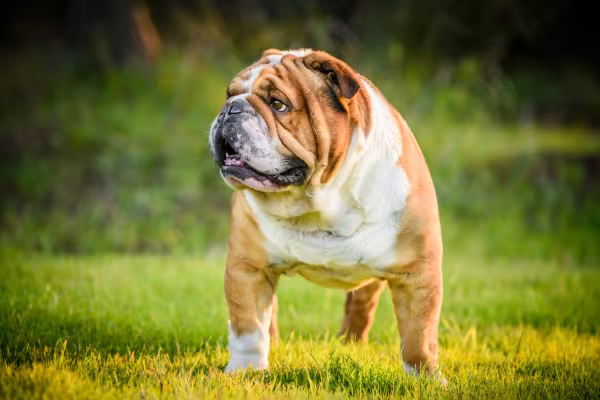 Bulldog Inglês em pé ao ar livre
