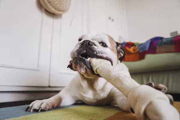 Bulldog Inglês brincando com osso 