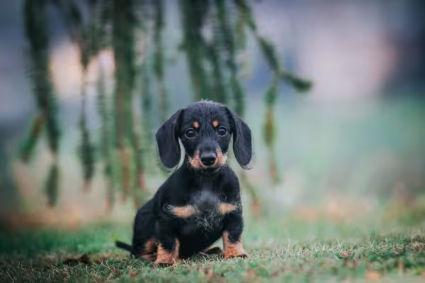 filhote de dachshund sentado na grama
