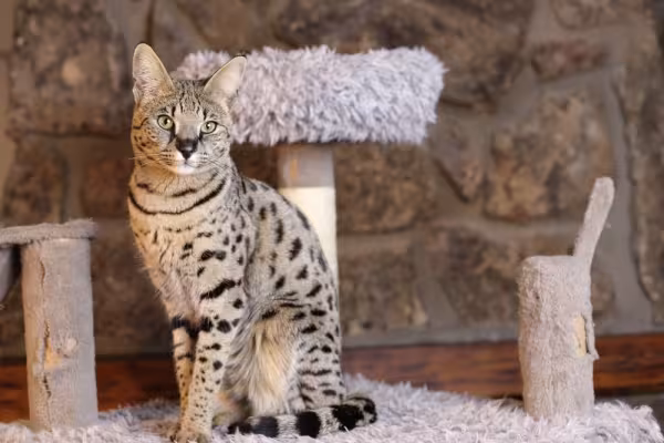gato savannah com arranhador atrás