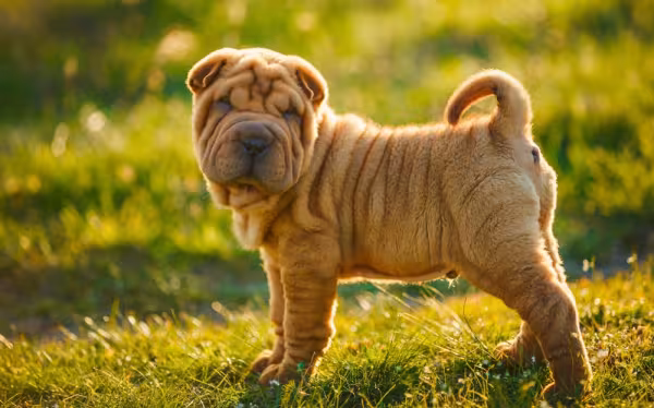Cachorro Shar Pei marrom em ambiente externo