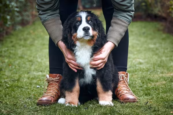 Bernese filhote com uma pessoa segurando ele por trás