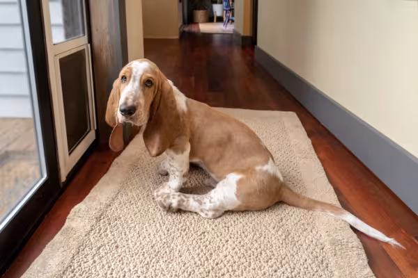 Basset Hound sentado no tapete