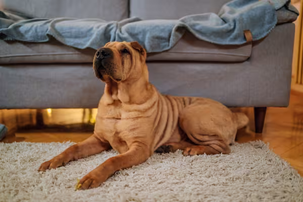 SharPei deitado no tapete com sofá atrás