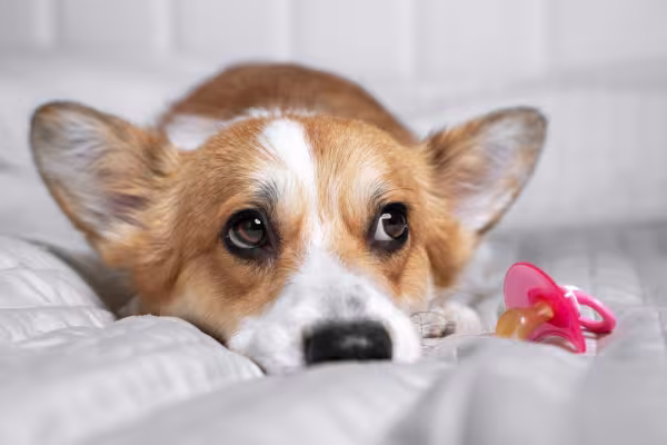 Corgi com chupeta para cachorro do lado