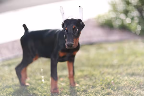 A orelha de Doberman normalmente é cortada quando o cão é filhote 
