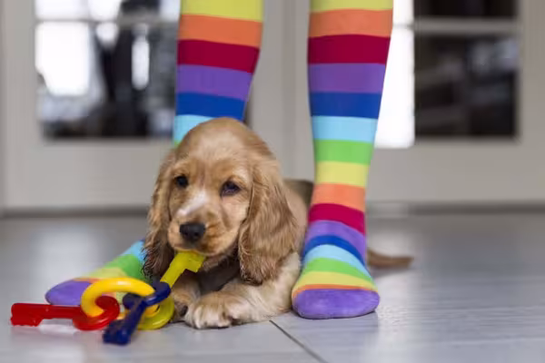 Cocker Spaniel filhote debaixo das pernas da dona