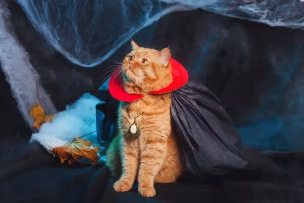 Roupa: gato com uma capa pode virar um vampirinho. Experimente!