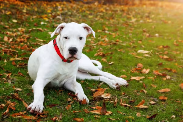 Dogo Argentino deitado no parque