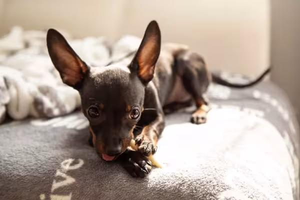 Pinscher preto deitado tomando sol