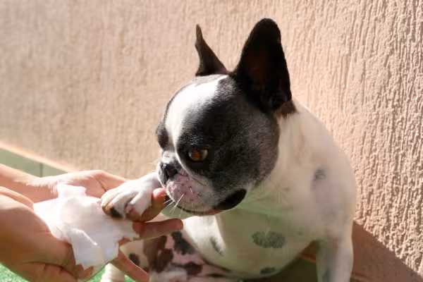 Pessoa limpando a pata de cachorro Bulldog