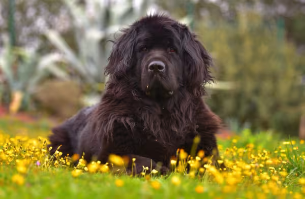 Terra Nova deitado na grama com flores amarelas