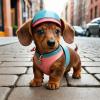 dachshund com roupinha rosa e azul