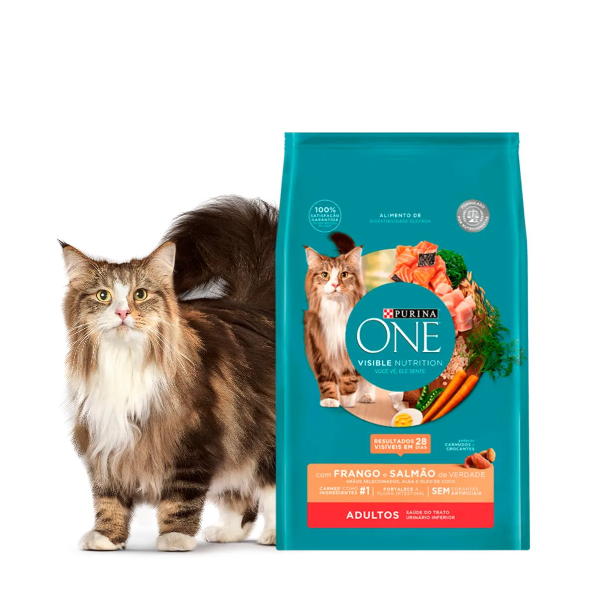 Ração Purina One para gatos adultos com frango e salmão.