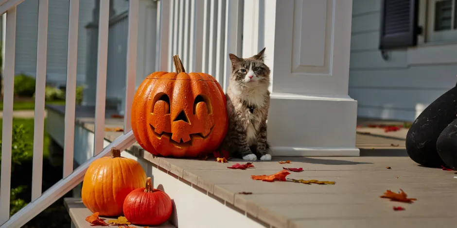 Gato cinza com branco sentado junto a uma abóbora. No Halloween, as fantasias para gatos e as abóboras são tendência. 