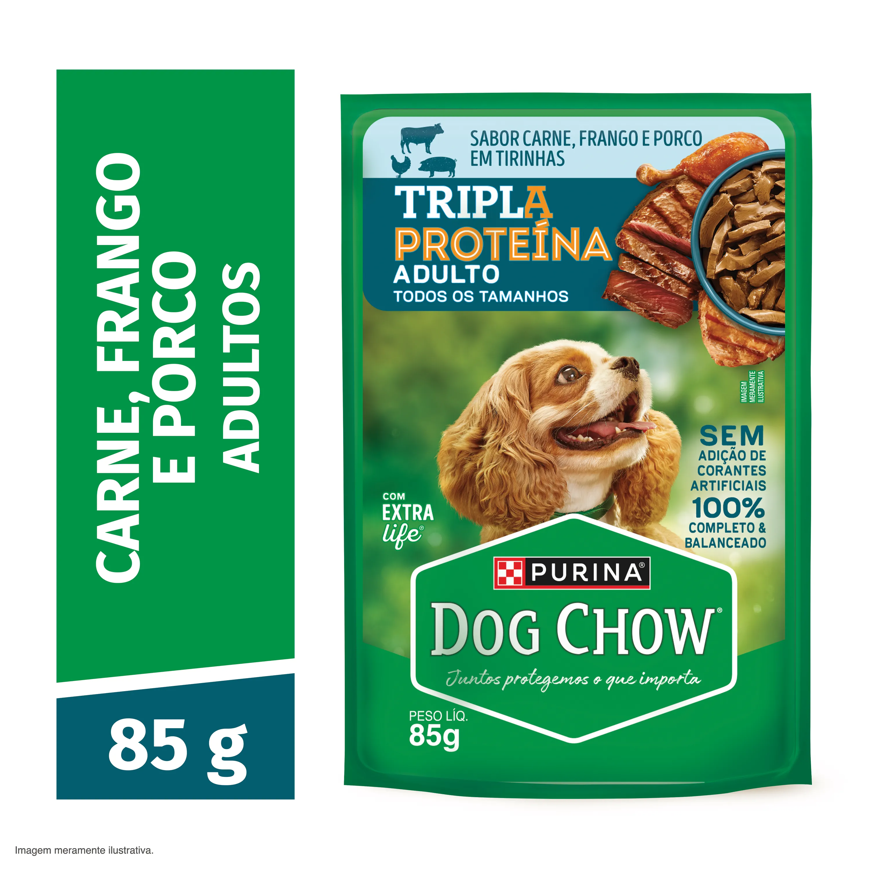 Dog Chow sachê ração úmida para cães adulto tripla proteína carne frango porco tirinhas 85g