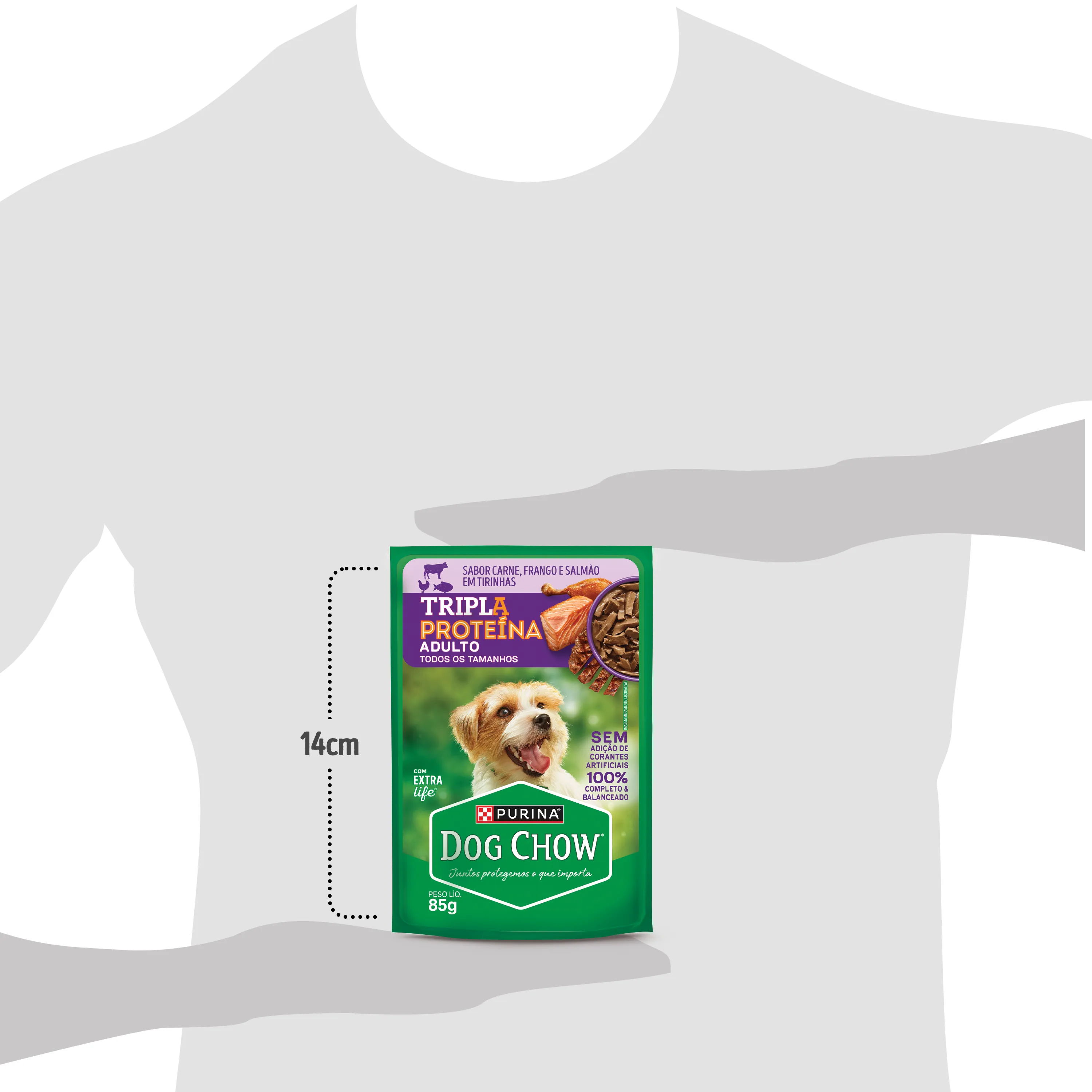 Dog Chow sachê ração úmida para cães adulto tripla proteína carne frango salmão tirinhas 85g