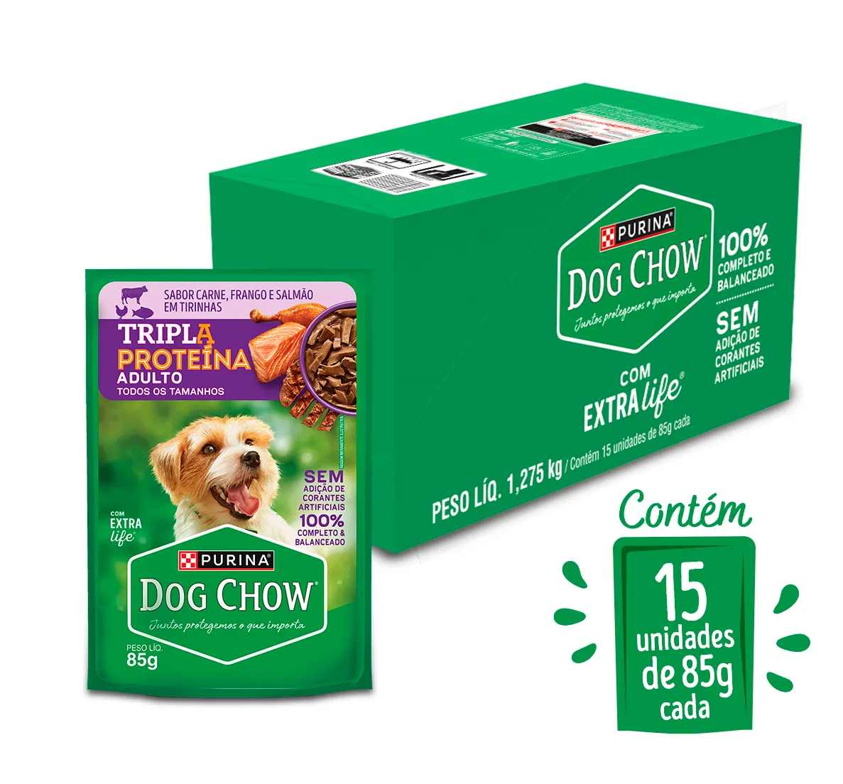 Dog Chow sachê ração úmida para cães adulto tripla proteína carne frango salmão tirinhas 85g
