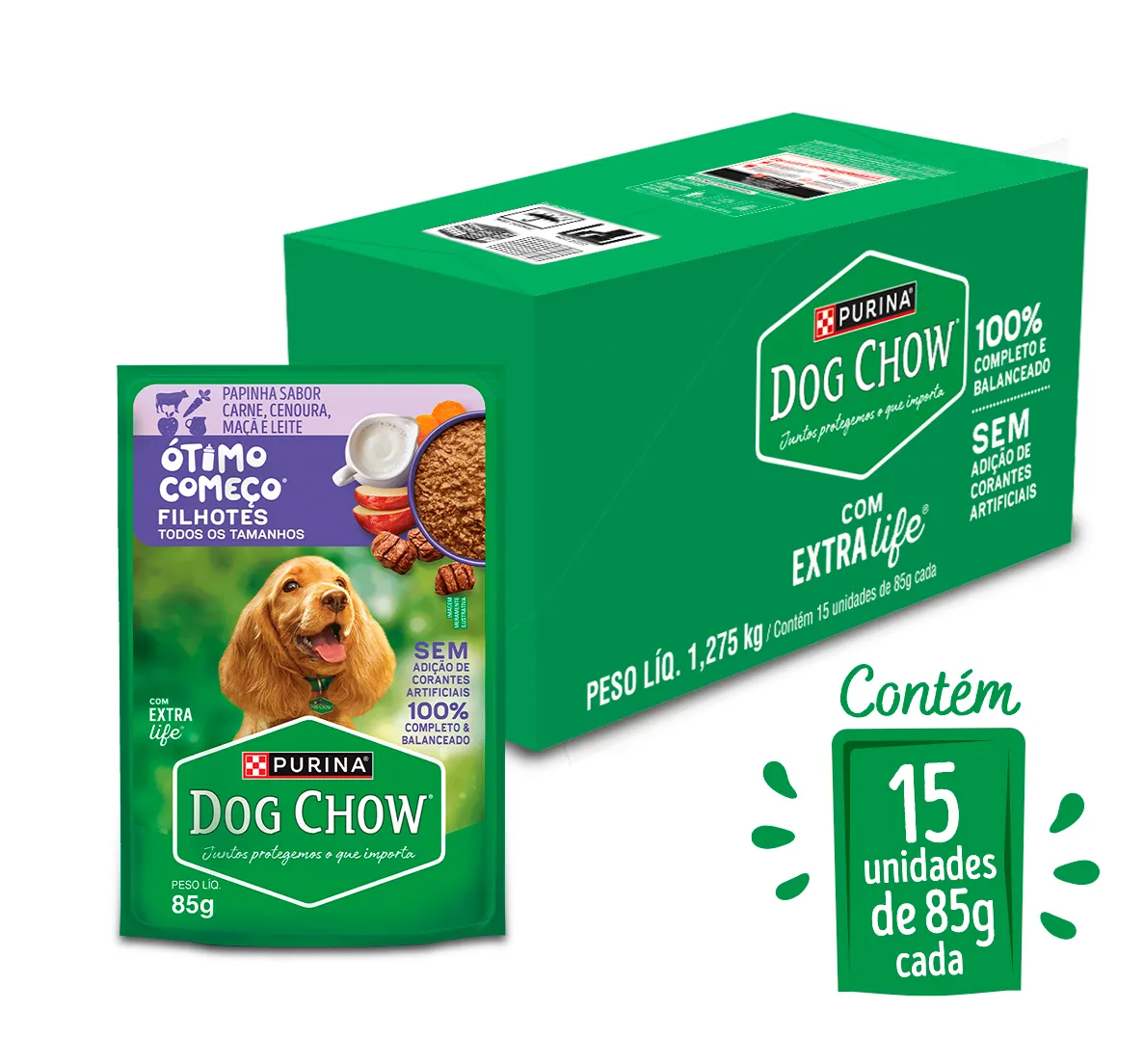 Dog Chow sachê ração úmida para filhotes papinha carne cenoura maçã leite 85g