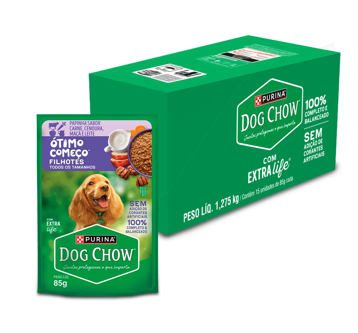 Dog Chow sachê ração úmida para filhotes papinha carne cenoura maçã leite 85g