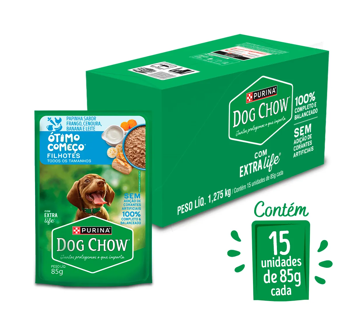 Dog Chow sachê ração úmida para filhotes papinha frango cenoura banana leite 85g