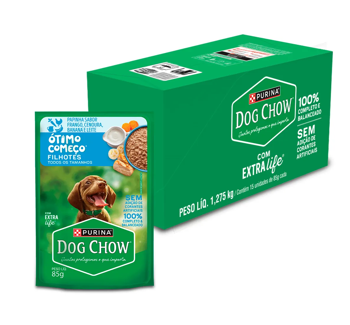 Dog Chow sachê ração úmida para filhotes papinha frango cenoura banana leite 85g