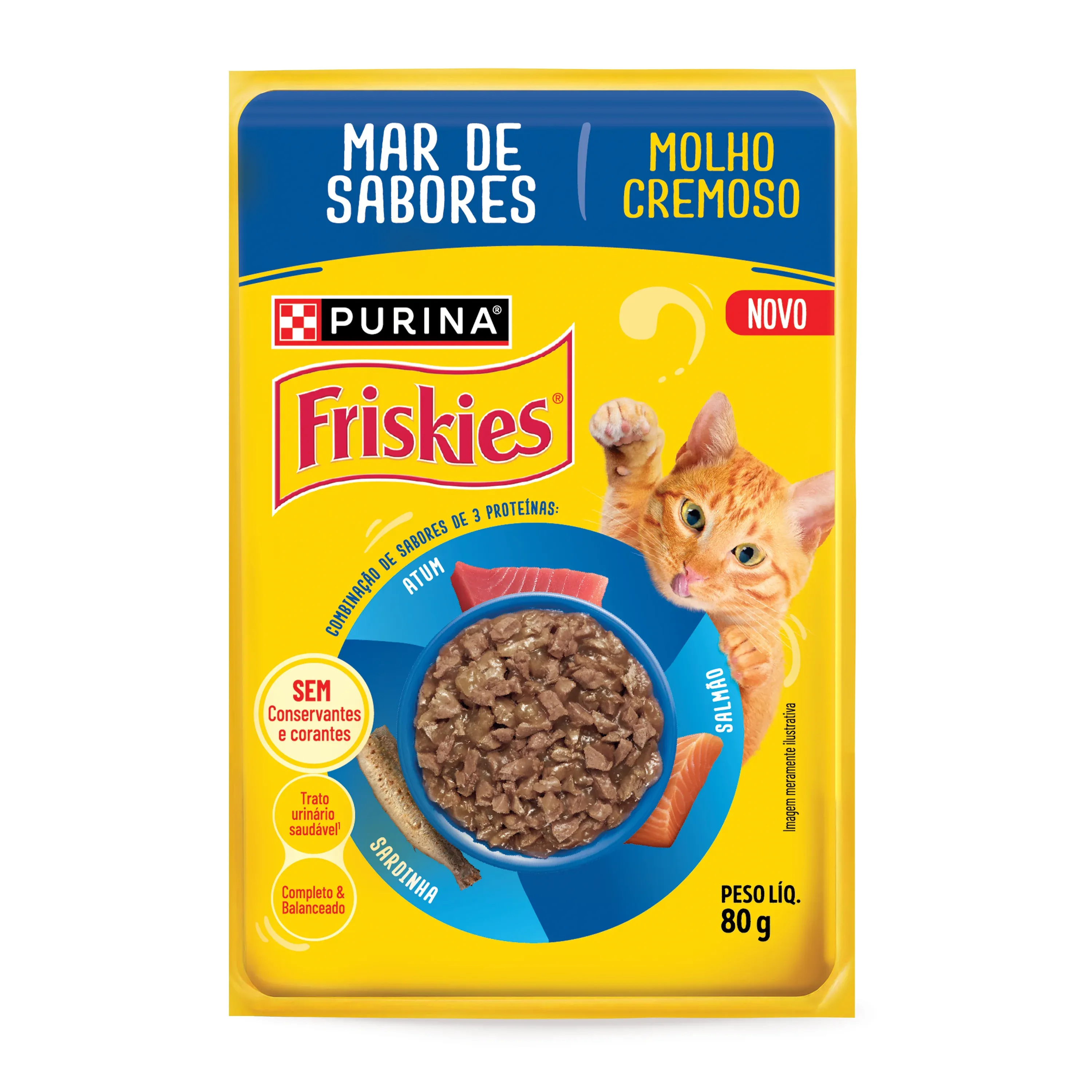 Ração úmida para gatos Friskies Mar de Sabores com molho cremoso, feita com atum, salmão e sardinha.