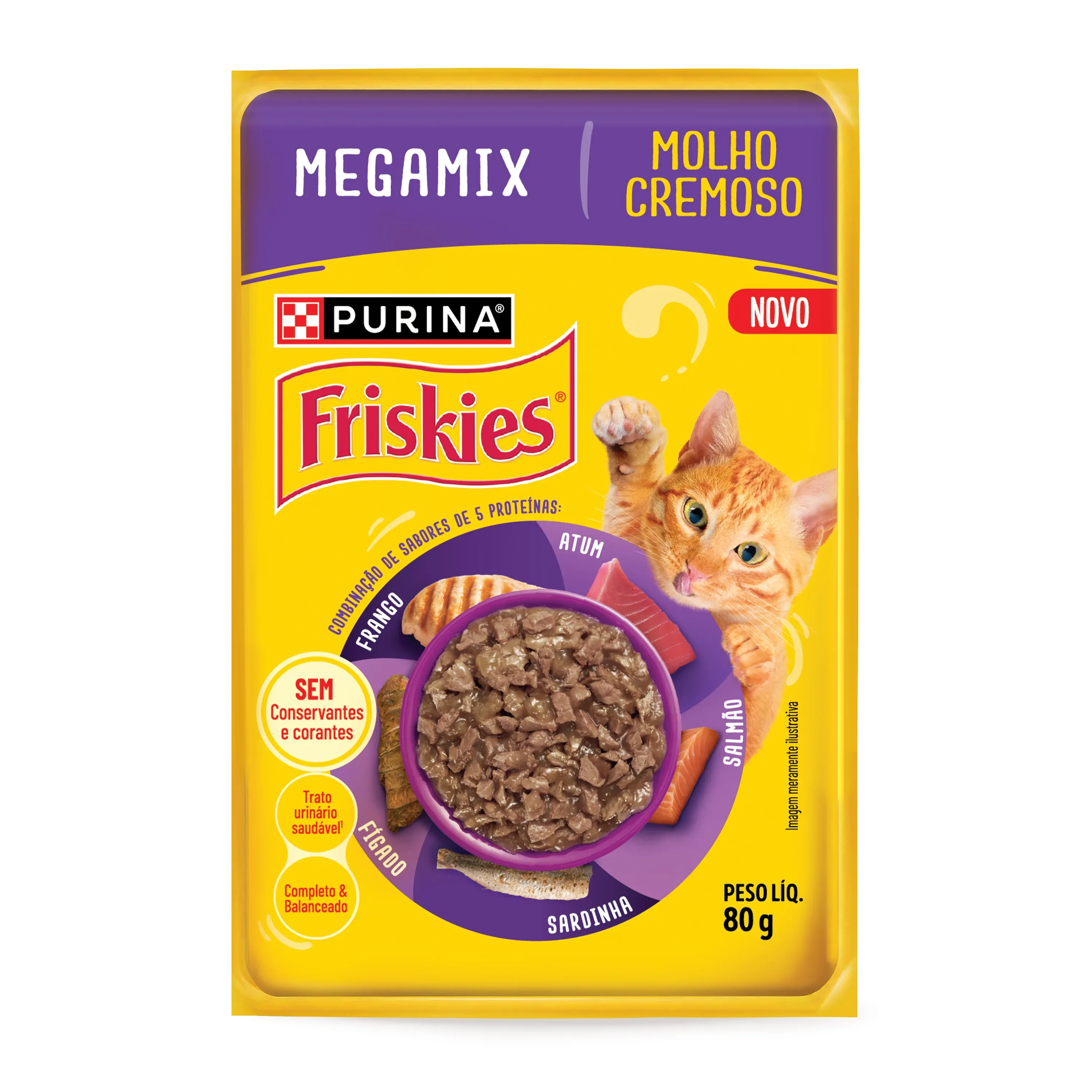 Ração úmida para gatos Friskies Megamix com molho cremoso, de frango, atum, fígado, salmão e sardinha