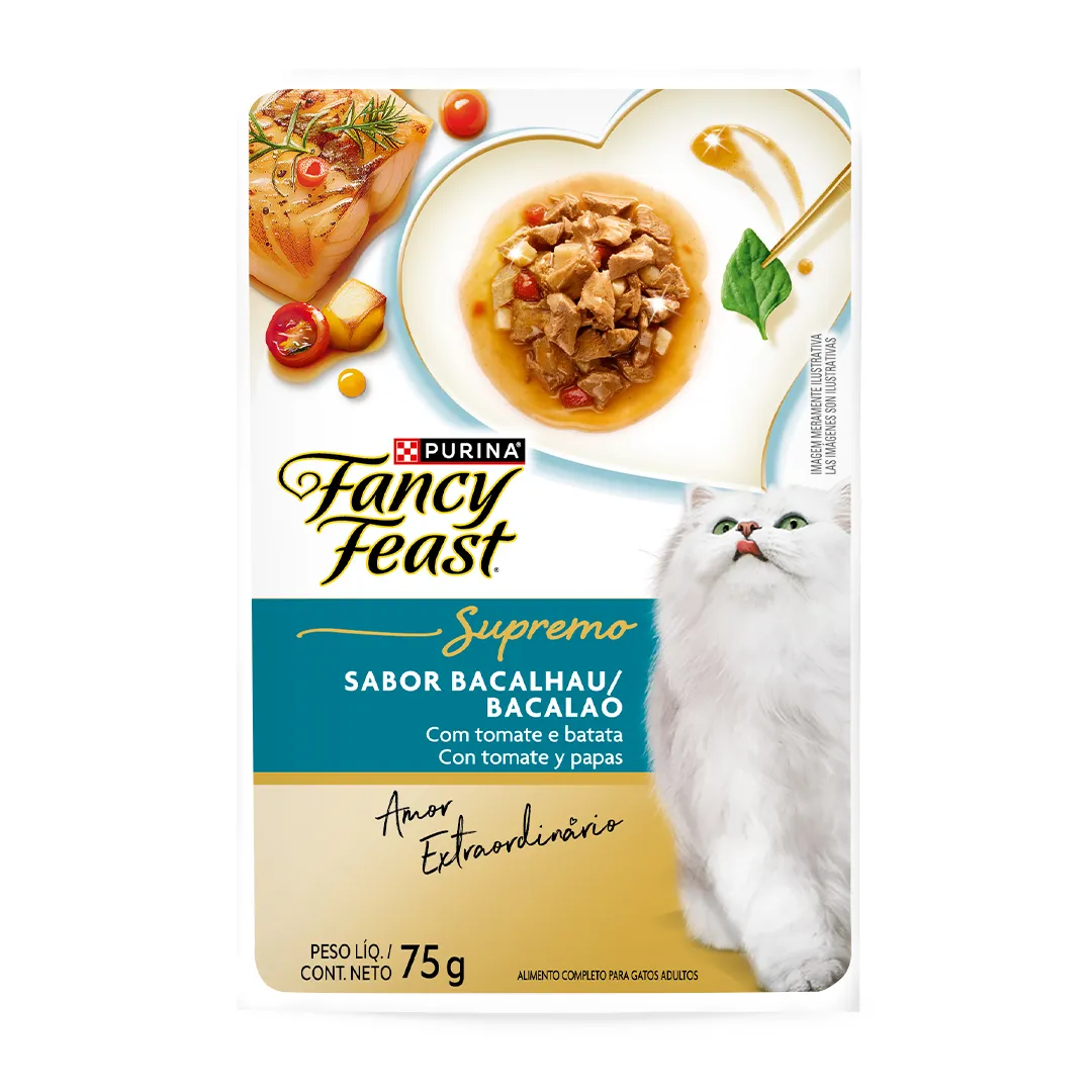 Sachê de ração úmida para gatos Fancy Feast Supremó sabor bacalhau com tomate e batata