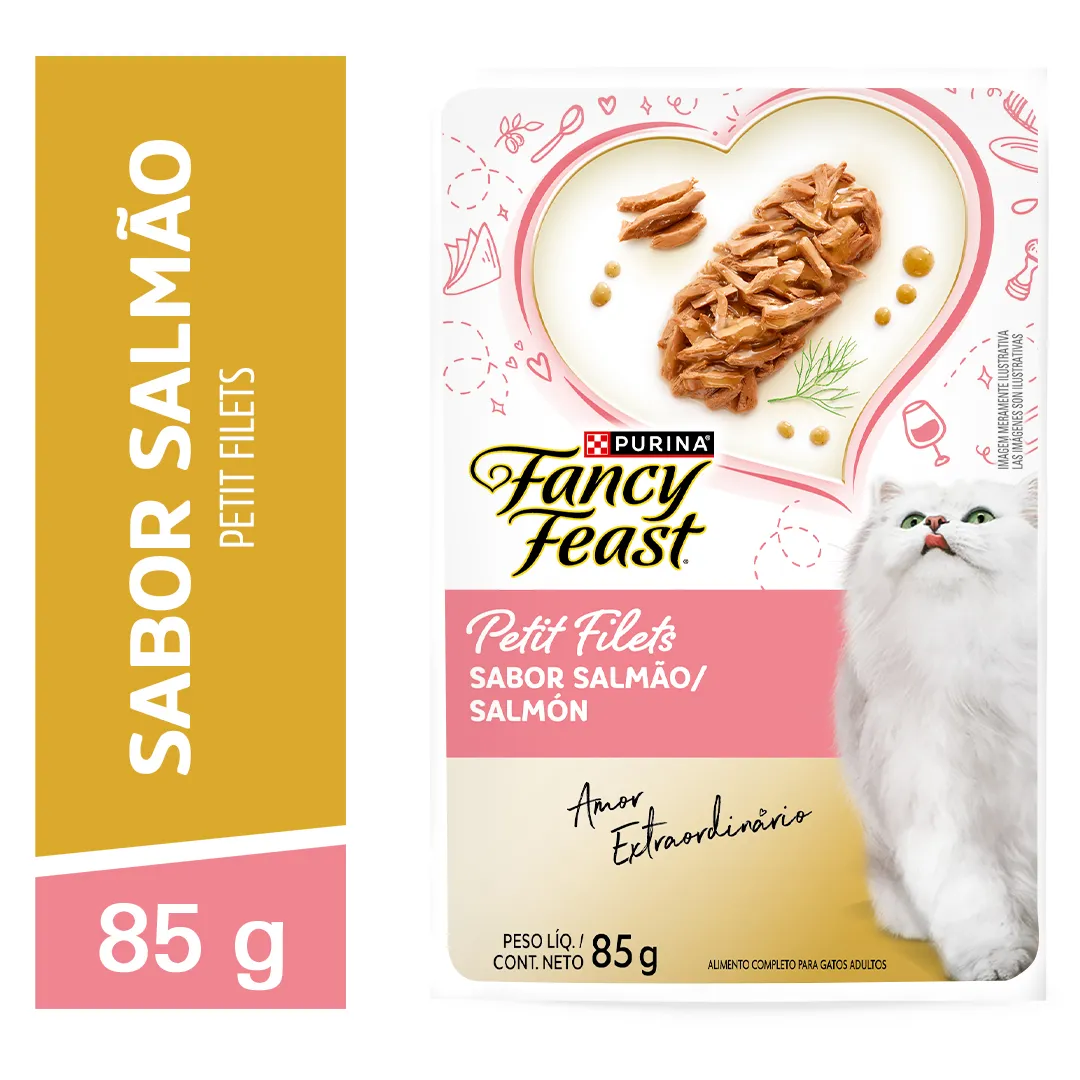 Sachê de ração úmida para gatos Fancy Feast Supremó sabor peixe branco em caldo com espinafre.