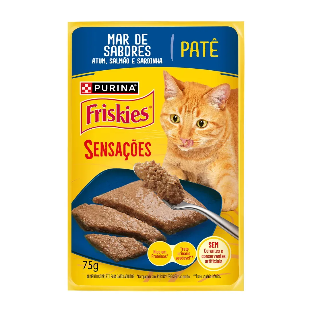 Ração úmida para gatos adultos Friskies® Patê Sensações sabor Atum, Salmão e Sardinha