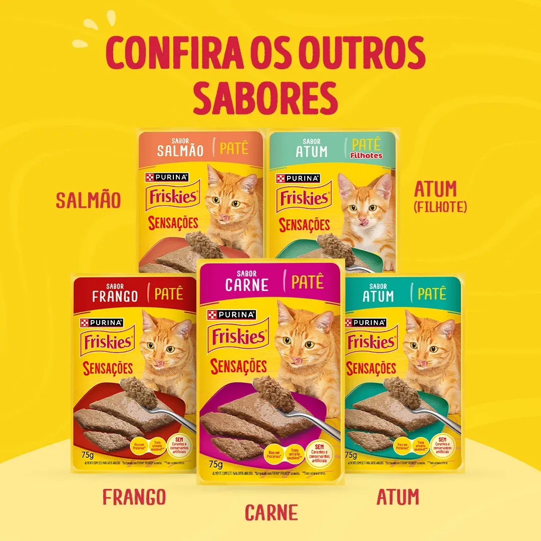 Ração úmida para gatos adultos Friskies® Patê Sensações sabor Atum, Salmão e Sardinha