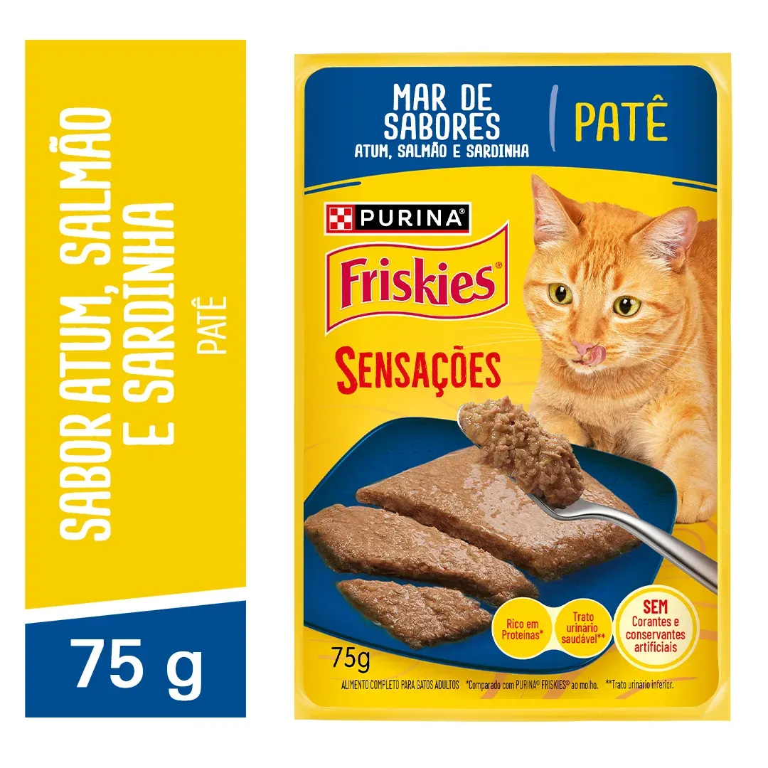 Ração úmida para gatos adultos Friskies® Patê Sensações sabor Atum, Salmão e Sardinha