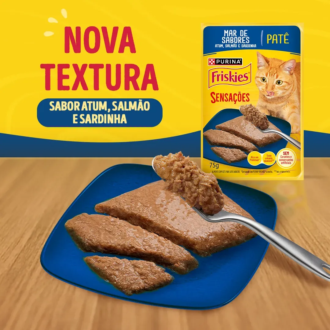 Ração úmida para gatos adultos Friskies® Patê Sensações sabor Atum, Salmão e Sardinha